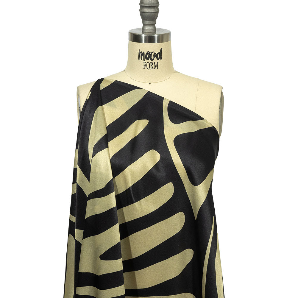Italian Black and Beige Oversized Leaves Silk Charmeuse Detail