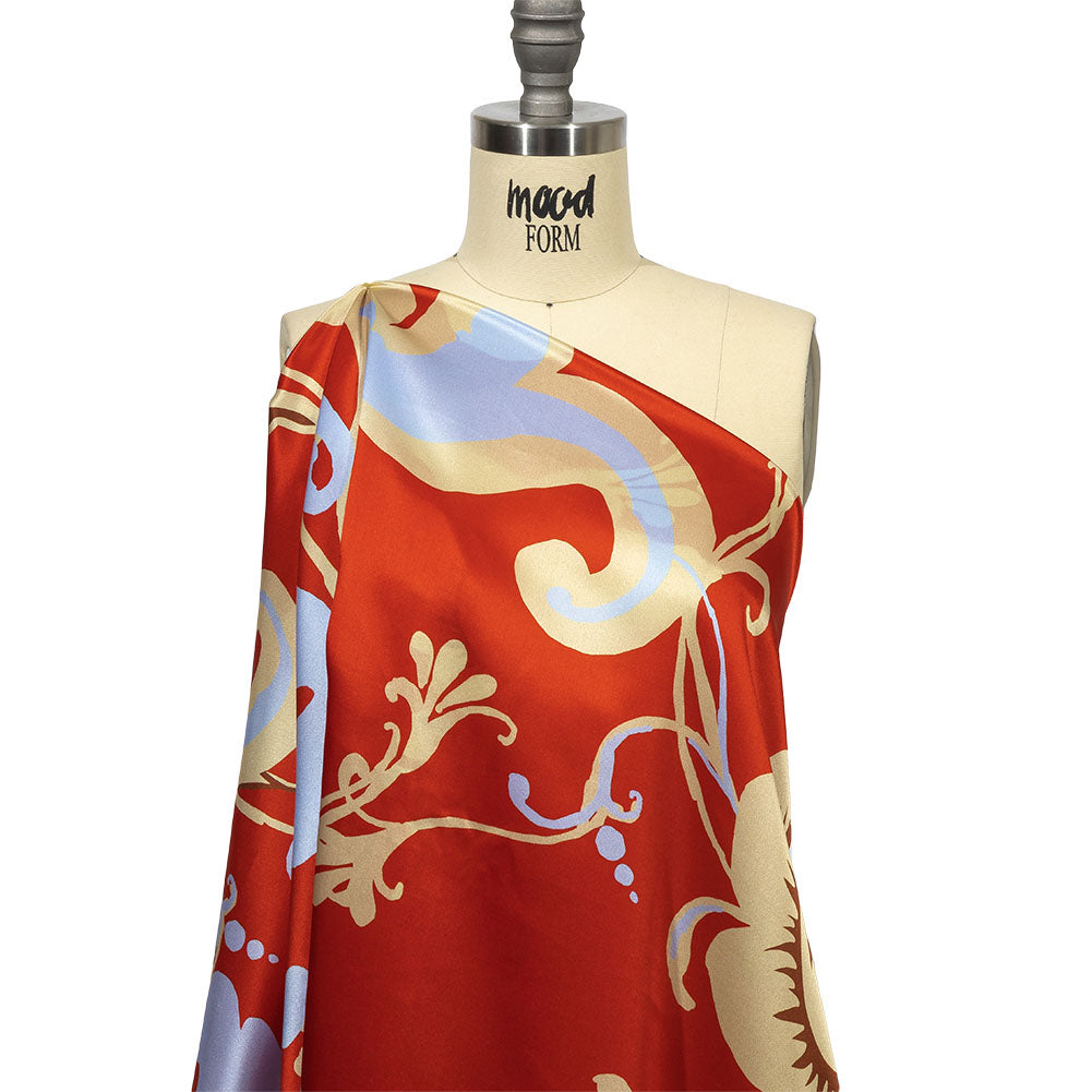 Italian Red, Beige and Sky Ornamental Floral Silk Charmeuse Detail