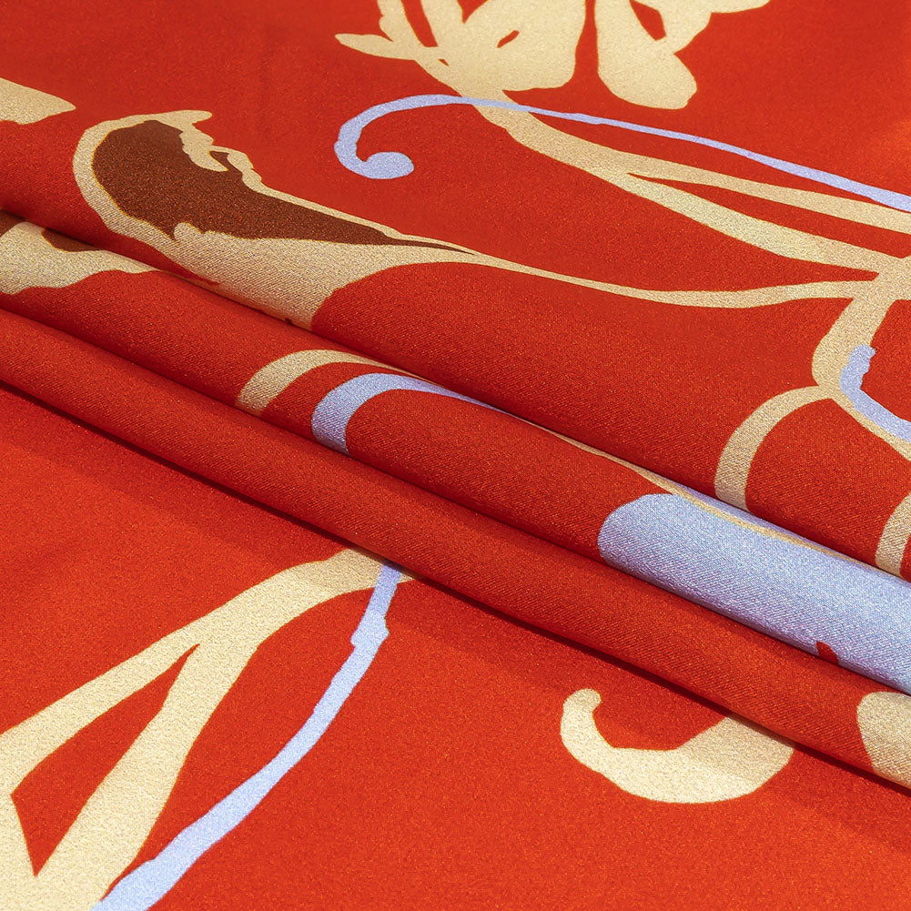 Italian Red, Beige and Sky Ornamental Floral Silk Charmeuse Full