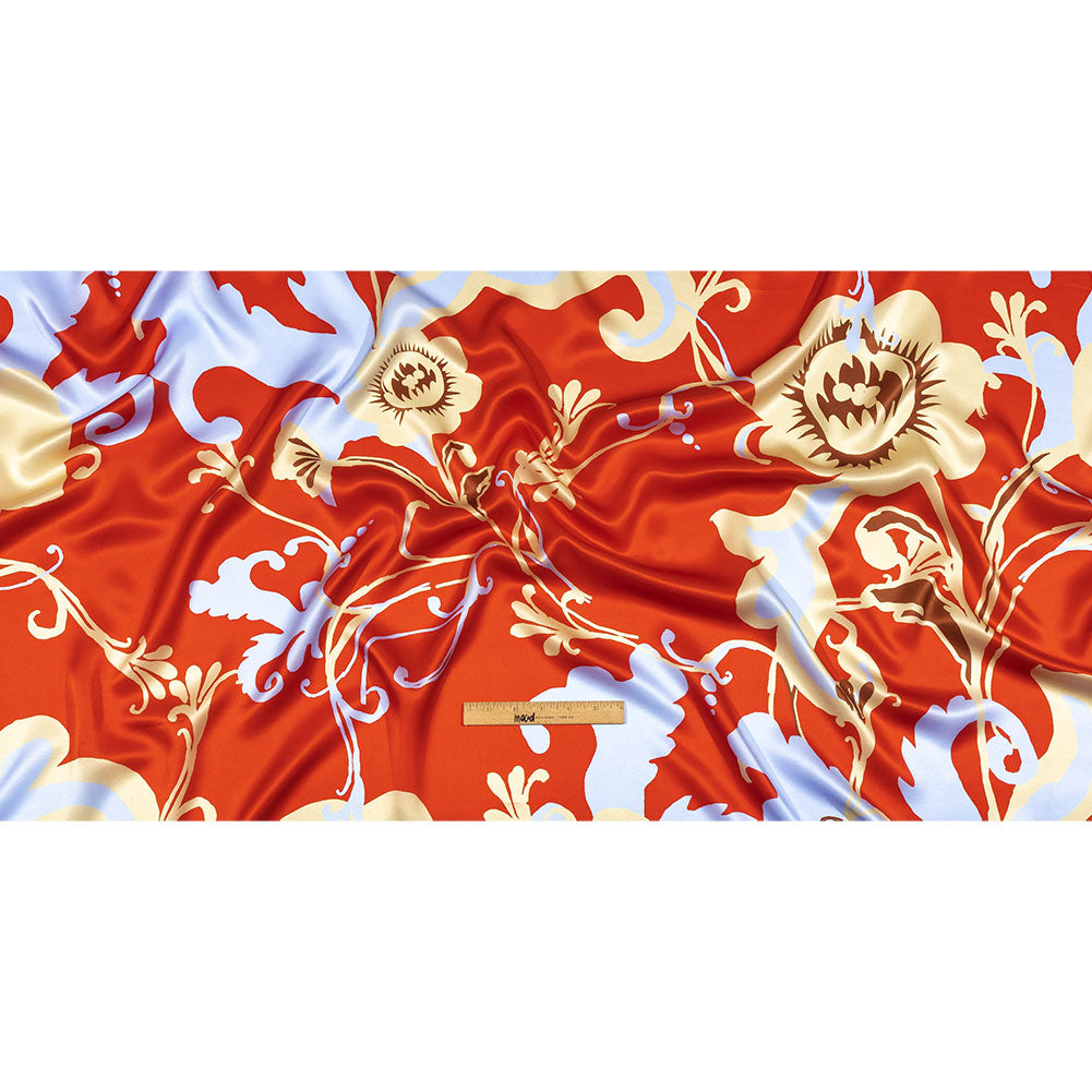 Italian Red, Beige and Sky Ornamental Floral Silk Charmeuse Drape