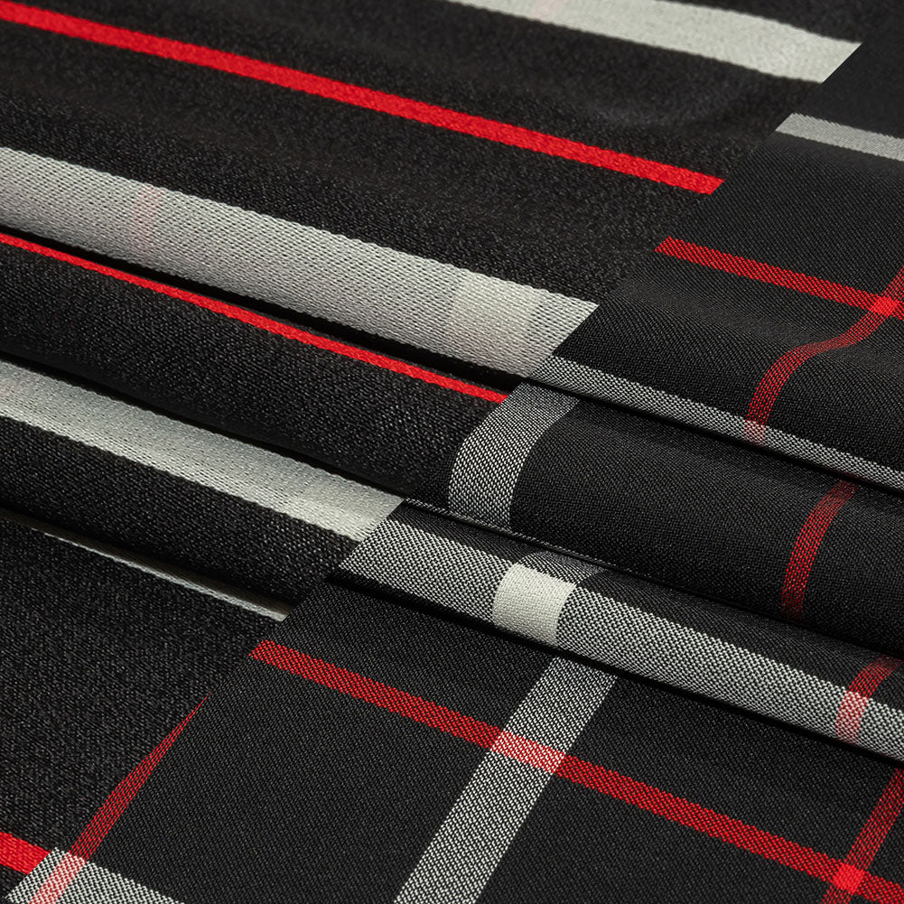 Balenciaga Italian Black, Star White and Red Checked and Striped Double Faced Fluid Viscose Crepe Back Twill Folded