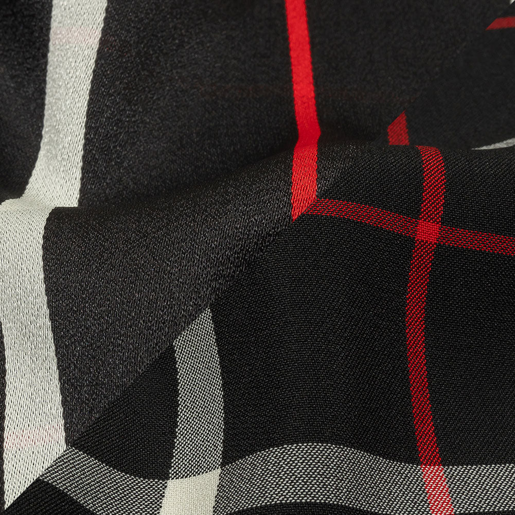 Balenciaga Italian Black, Star White and Red Checked and Striped Double Faced Fluid Viscose Crepe Back Twill Detail