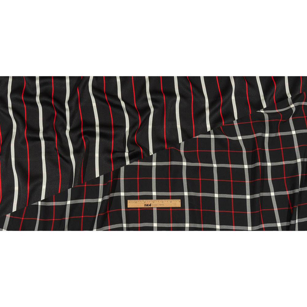 Balenciaga Italian Black, Star White and Red Checked and Striped Double Faced Fluid Viscose Crepe Back Twill Full