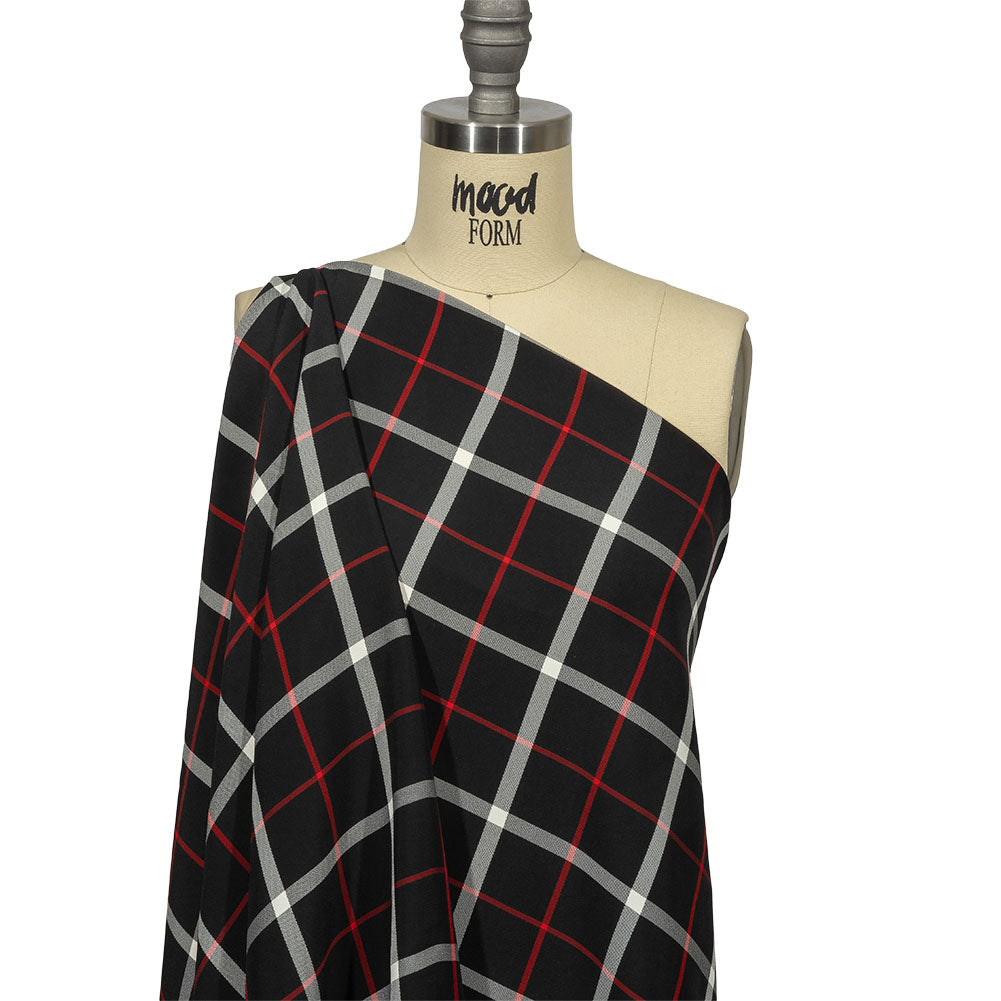 Balenciaga Italian Black, Star White and Red Checked and Striped Double Faced Fluid Viscose Crepe Back Twill Drape