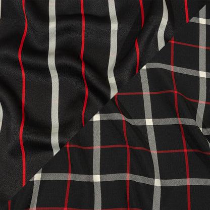 Balenciaga Italian Black, Star White and Red Checked and Striped Double Faced Fluid Viscose Crepe Back Twill