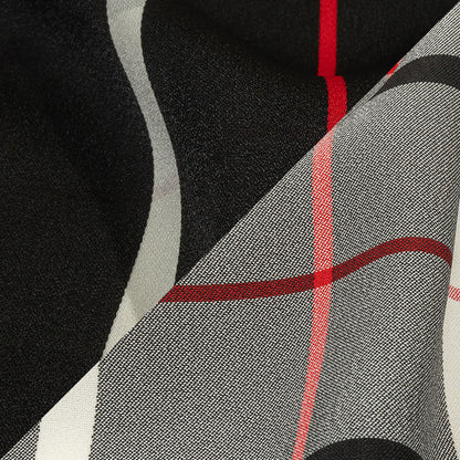 Balenciaga Italian Star White, Red and Black Checked and Striped Double Face Fluid Viscose Crepe Back Twill Detail