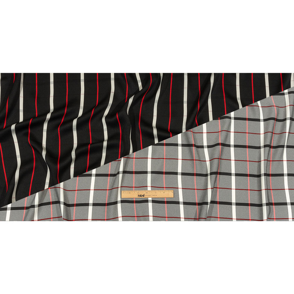 Balenciaga Italian Star White, Red and Black Checked and Striped Double Face Fluid Viscose Crepe Back Twill Full