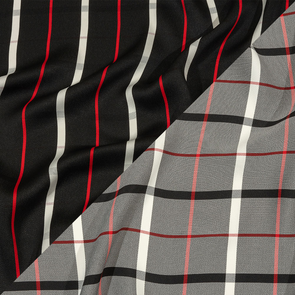 Balenciaga Italian Star White, Red and Black Checked and Striped Double Face Fluid Viscose Crepe Back Twill