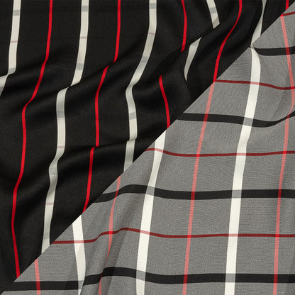 Balenciaga Italian Star White, Red and Black Checked and Striped Double Face Fluid Viscose Crepe Back Twill