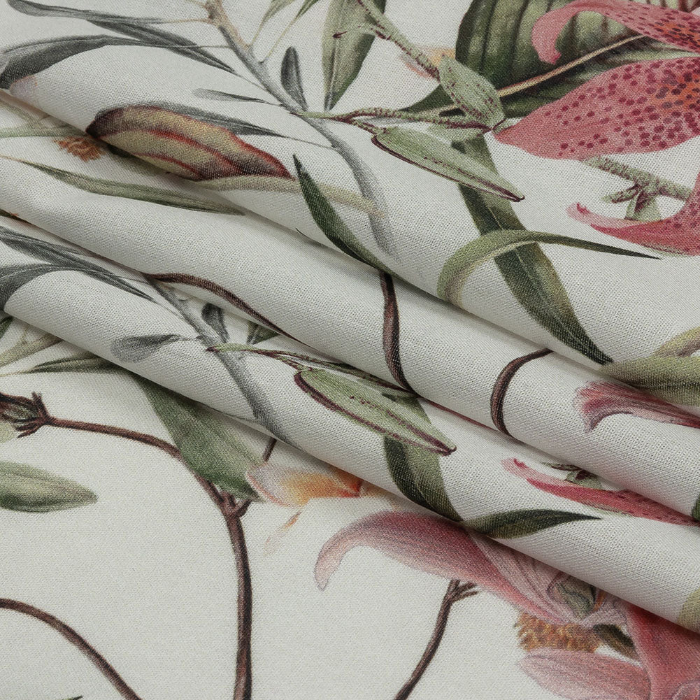Mercerized Organic Egyptian Cotton Voile - Green, Pink and White Tropical Flowers - Toulouse Collection - Folded