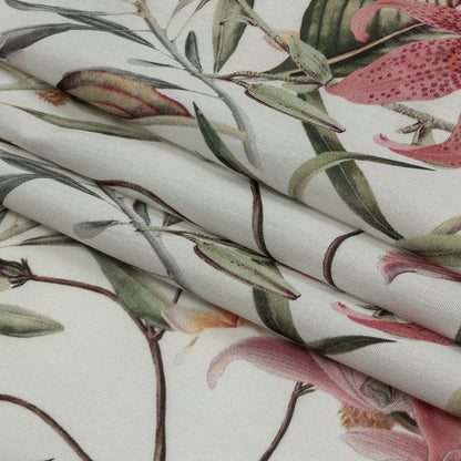 Mercerized Organic Egyptian Cotton Voile - Green, Pink and White Tropical Flowers - Toulouse Collection