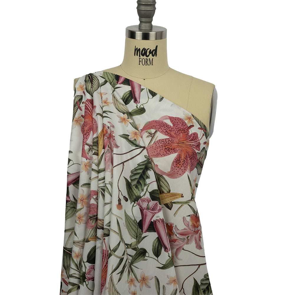Mercerized Organic Egyptian Cotton Voile - Green, Pink and White Tropical Flowers - Toulouse Collection - Drape