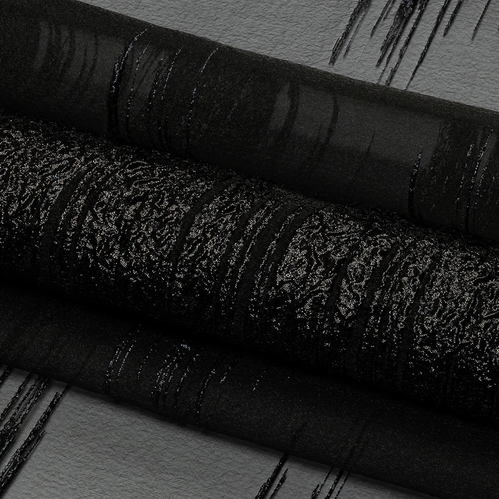 Metallic Black Sleek Streaks Luxury Burnout Brocade - Folded