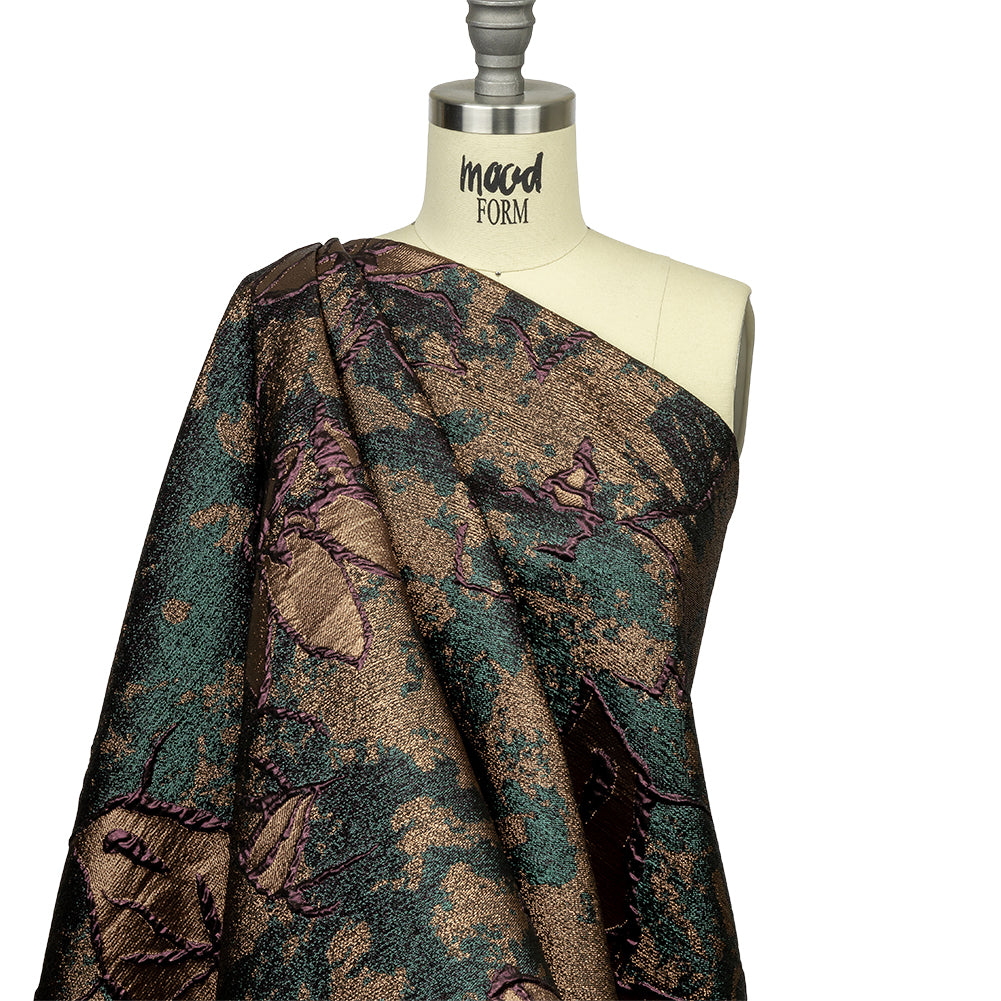 Metallic Forest, Bronze and Burgundy Mottled Floral Luxury Brocade - Drape