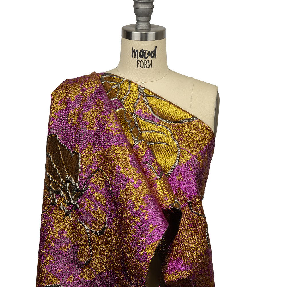 Metallic Sage, Golden Yellow and Magenta Mottled Floral Luxury Brocade - Drape