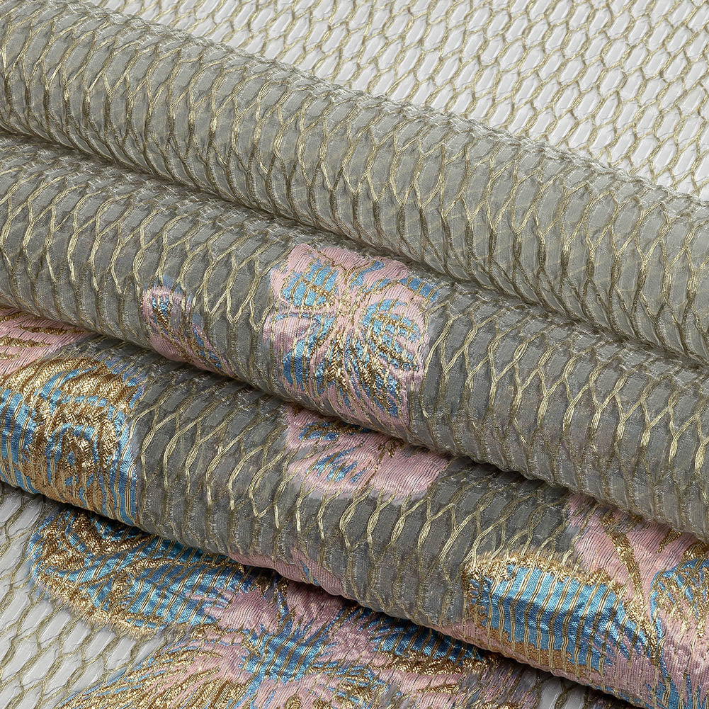 Metallic Bright Gold, Pink-a-boo and Bonnie Blue Florals and Latticework Sheer Luxury Brocade - Folded