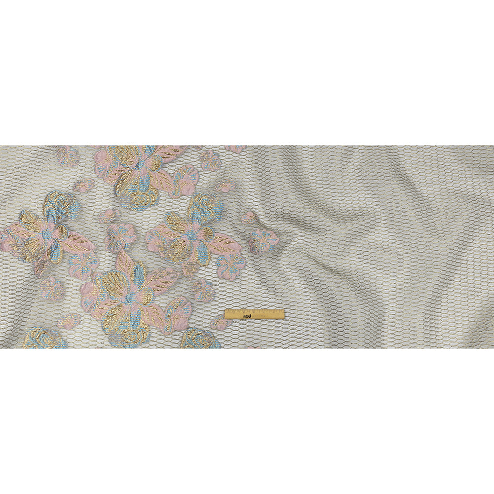 Metallic Bright Gold, Pink-a-boo and Bonnie Blue Florals and Latticework Sheer Luxury Brocade - Full