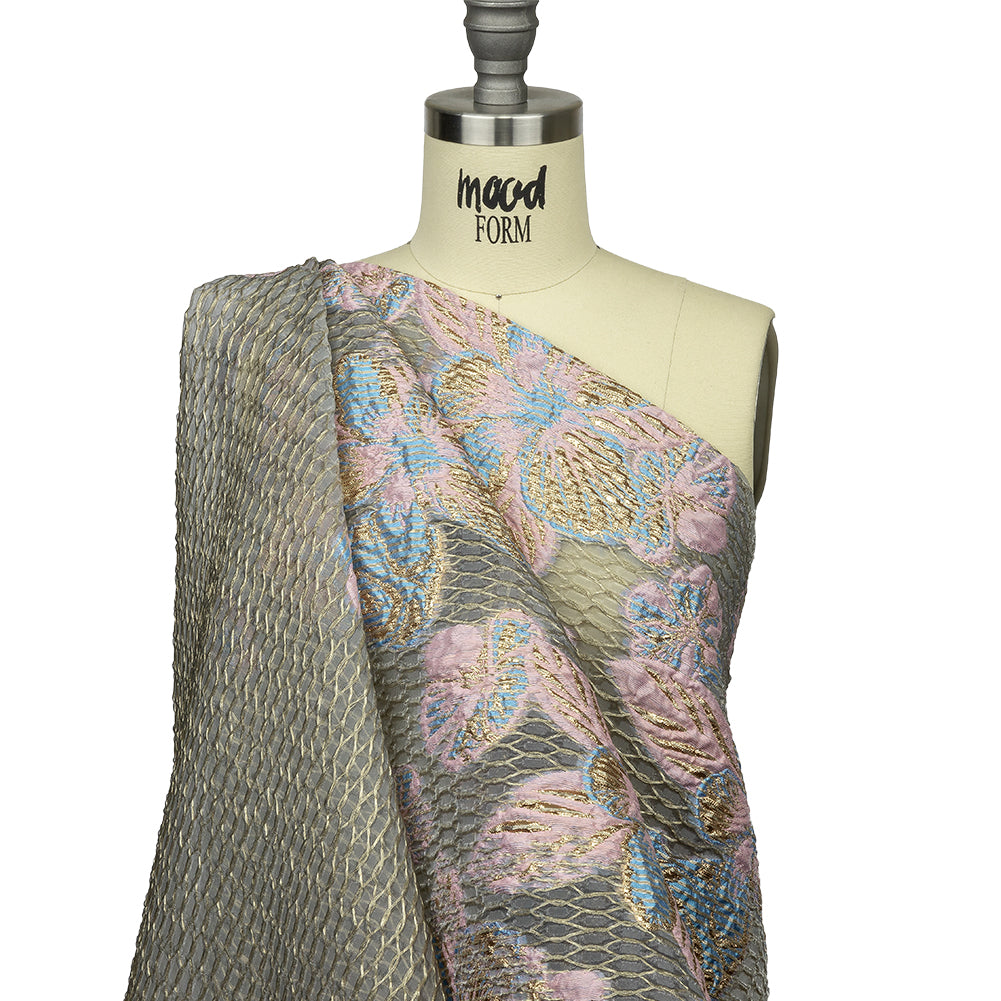 Metallic Bright Gold, Pink-a-boo and Bonnie Blue Florals and Latticework Sheer Luxury Brocade - Drape