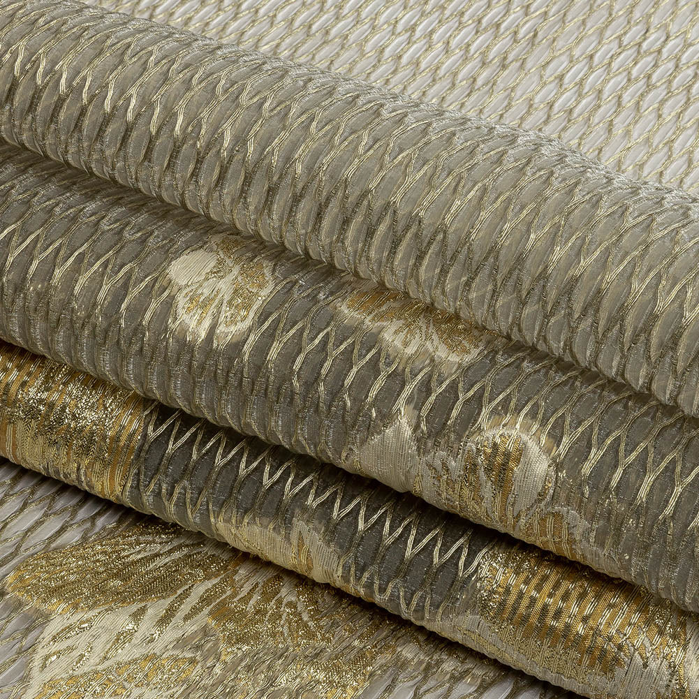 Metallic Golden Fleece and Beige Florals and Latticework Sheer Luxury Brocade - Folded