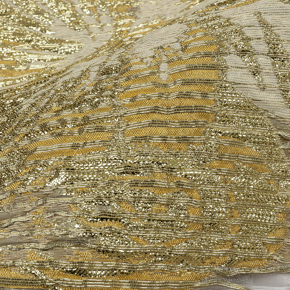 Metallic Golden Fleece and Beige Florals and Latticework Sheer Luxury Brocade - Detail