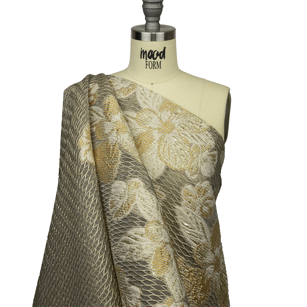Metallic Golden Fleece and Beige Florals and Latticework Sheer Luxury Brocade - Drape