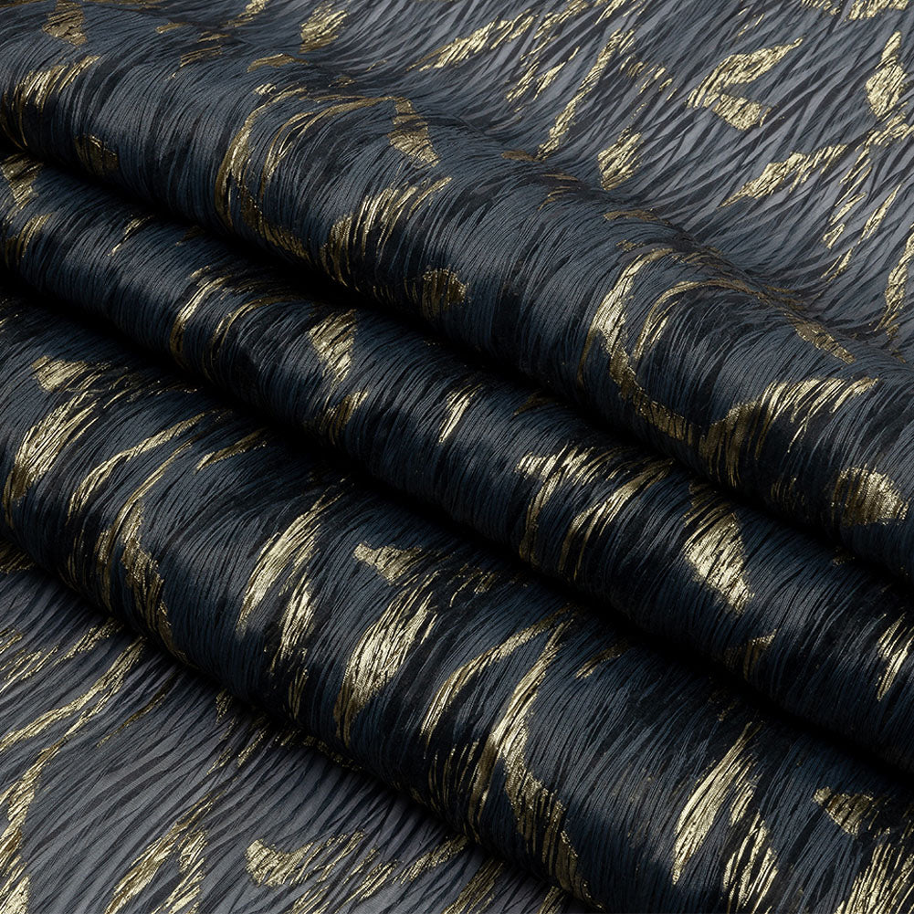Metallic Gold and Steel Leafy Stems Luxury Plisse Brocade with Scalloped Edges - Folded
