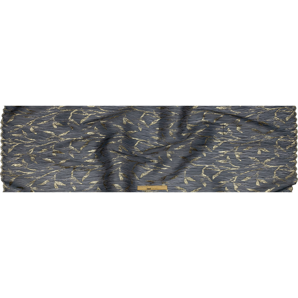 Metallic Gold and Steel Leafy Stems Luxury Plisse Brocade with Scalloped Edges - Full