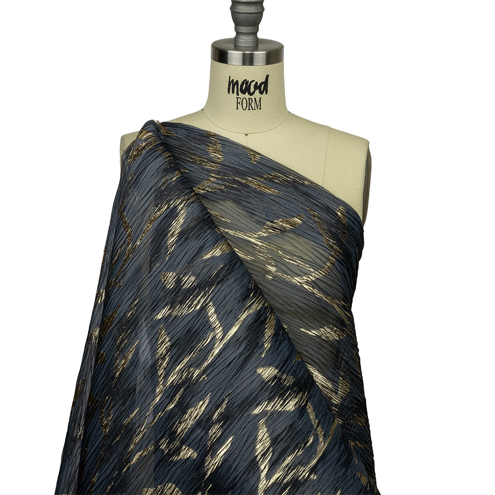 Metallic Gold and Steel Leafy Stems Luxury Plisse Brocade with Scalloped Edges - Drape