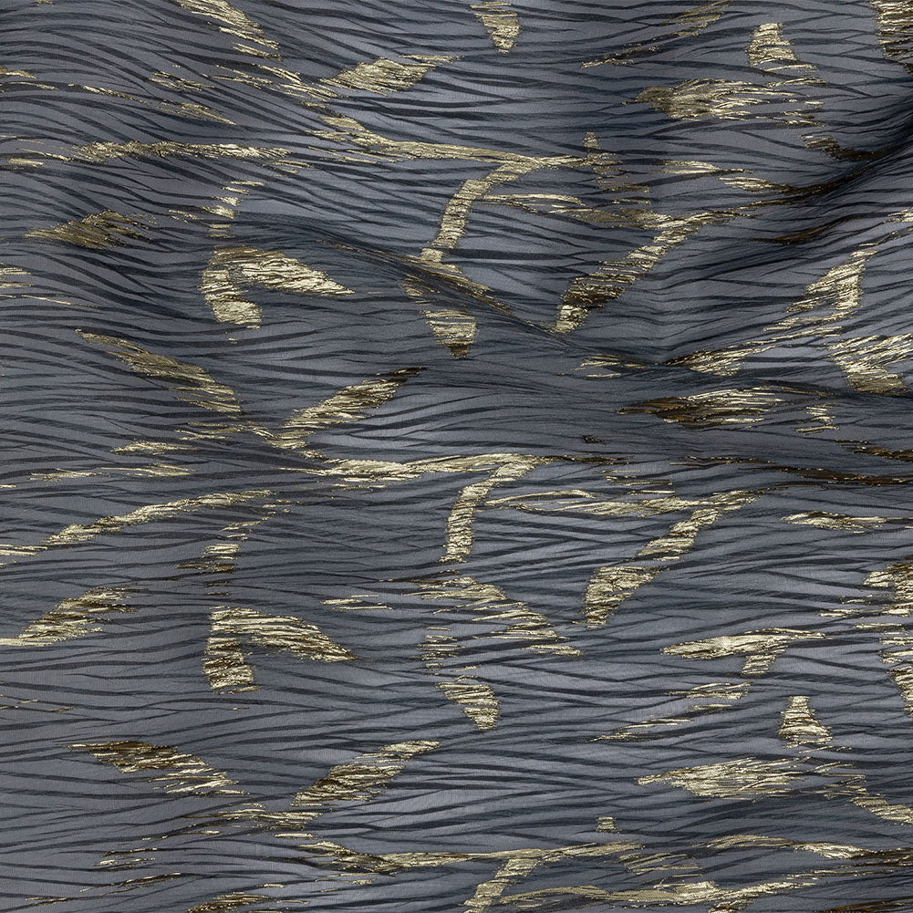 Metallic Gold and Steel Leafy Stems Luxury Plisse Brocade with Scalloped Edges