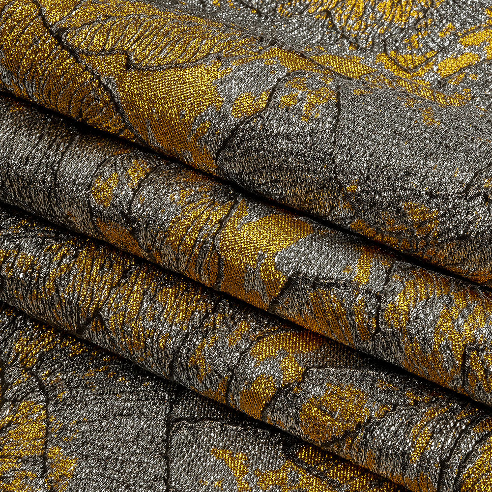 Metallic Silver, Black and Golden Yellow Rose Garden Linework Luxury Brocade - Folded