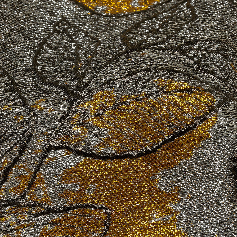 Metallic Silver, Black and Golden Yellow Rose Garden Linework Luxury Brocade - Detail