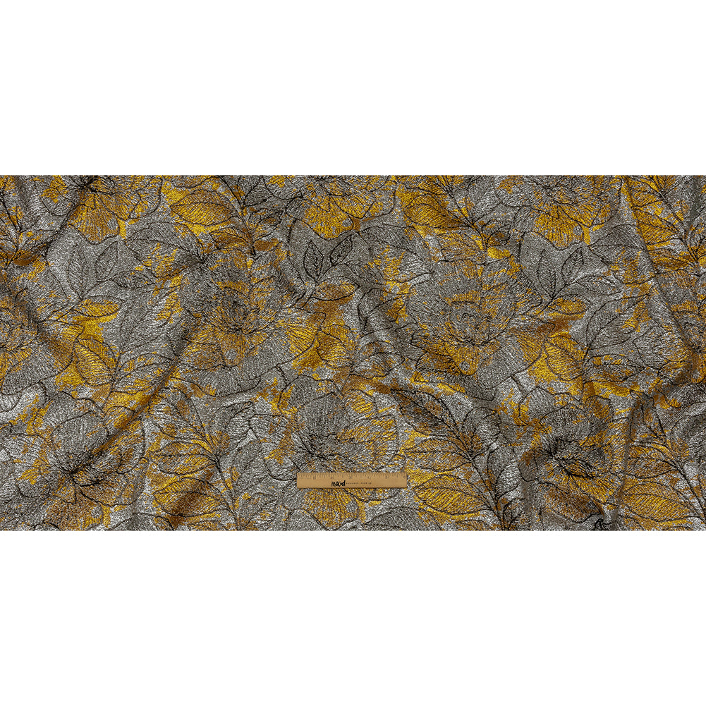 Metallic Silver, Black and Golden Yellow Rose Garden Linework Luxury Brocade - Full
