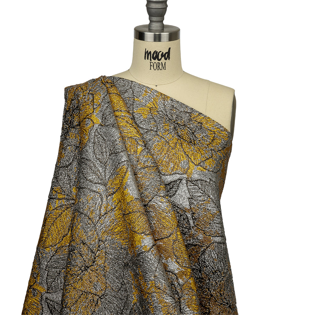 Metallic Silver, Black and Golden Yellow Rose Garden Linework Luxury Brocade - Drape