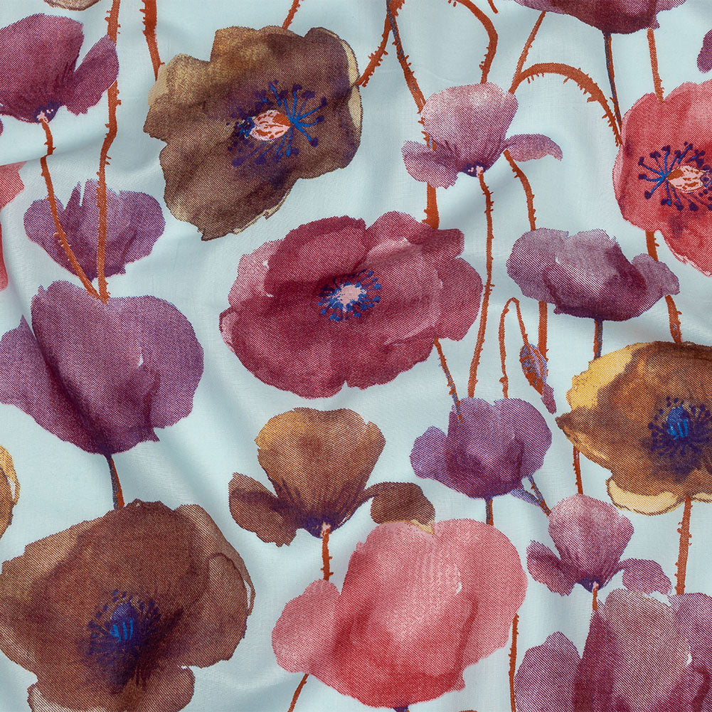 Pink, Purple and Sky Painterly Blooms Cotton Lawn