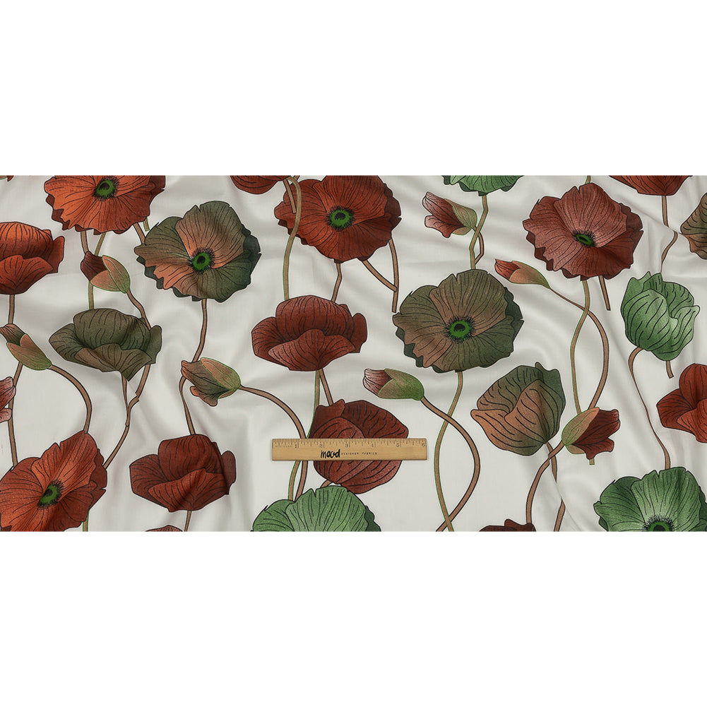 Red, Green and Brown Big Poppies Cotton Lawn - Full