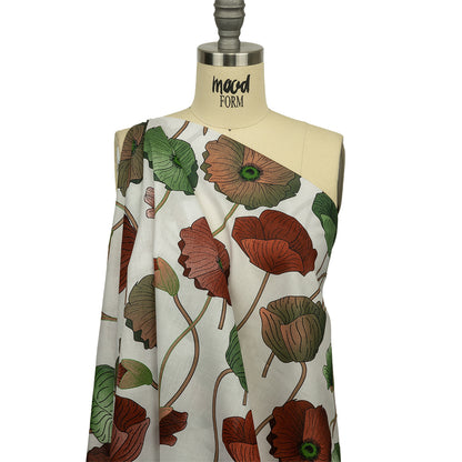 Red, Green and Brown Big Poppies Cotton Lawn