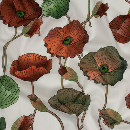 Red, Green and Brown Big Poppies Cotton Lawn
