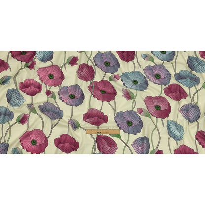 Fuchsia, Baby Blue and Pale Yellow Big Poppies Cotton Lawn