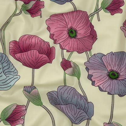 Fuchsia, Baby Blue and Pale Yellow Big Poppies Cotton Lawn