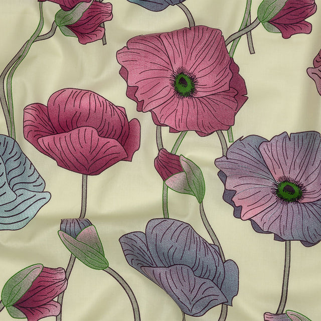 Fuchsia, Baby Blue and Pale Yellow Big Poppies Cotton Lawn