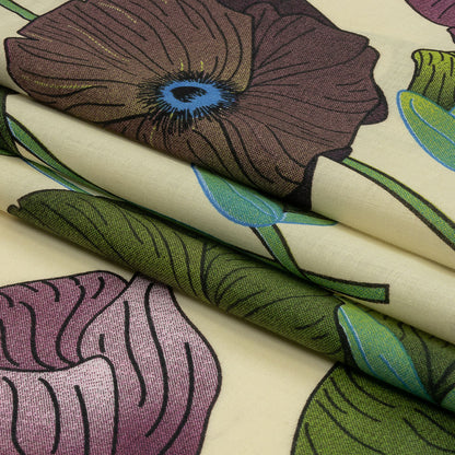 Beige, Green and Plum Big Poppies Cotton Lawn