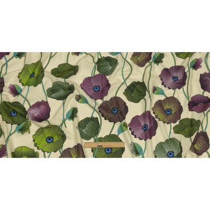 Beige, Green and Plum Big Poppies Cotton Lawn