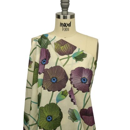 Beige, Green and Plum Big Poppies Cotton Lawn