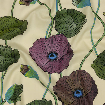 Beige, Green and Plum Big Poppies Cotton Lawn