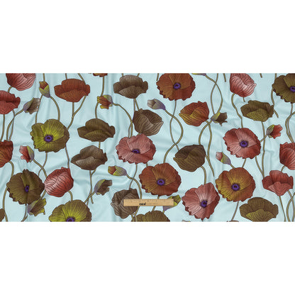 Sky, Olive and Red Big Poppies Cotton Lawn