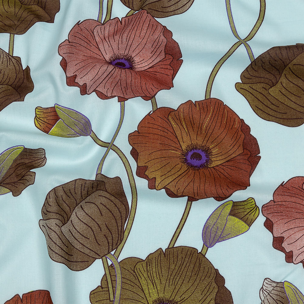 Sky, Olive and Red Big Poppies Cotton Lawn