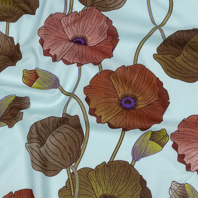 Sky, Olive and Red Big Poppies Cotton Lawn