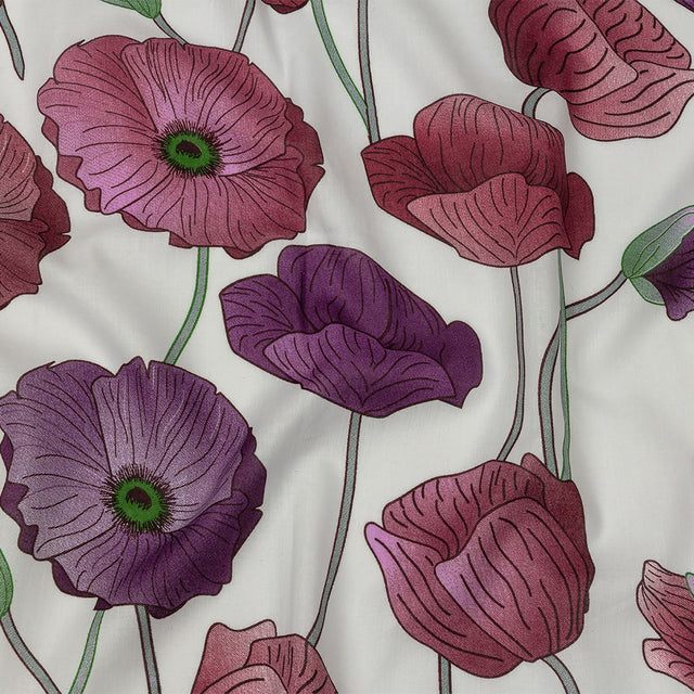 Magenta, Purple and Gray Green Big Poppies Cotton Lawn