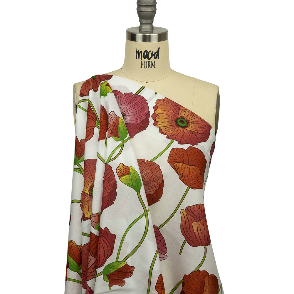 Red, Orange and Green Big Poppies Cotton Lawn - Drape