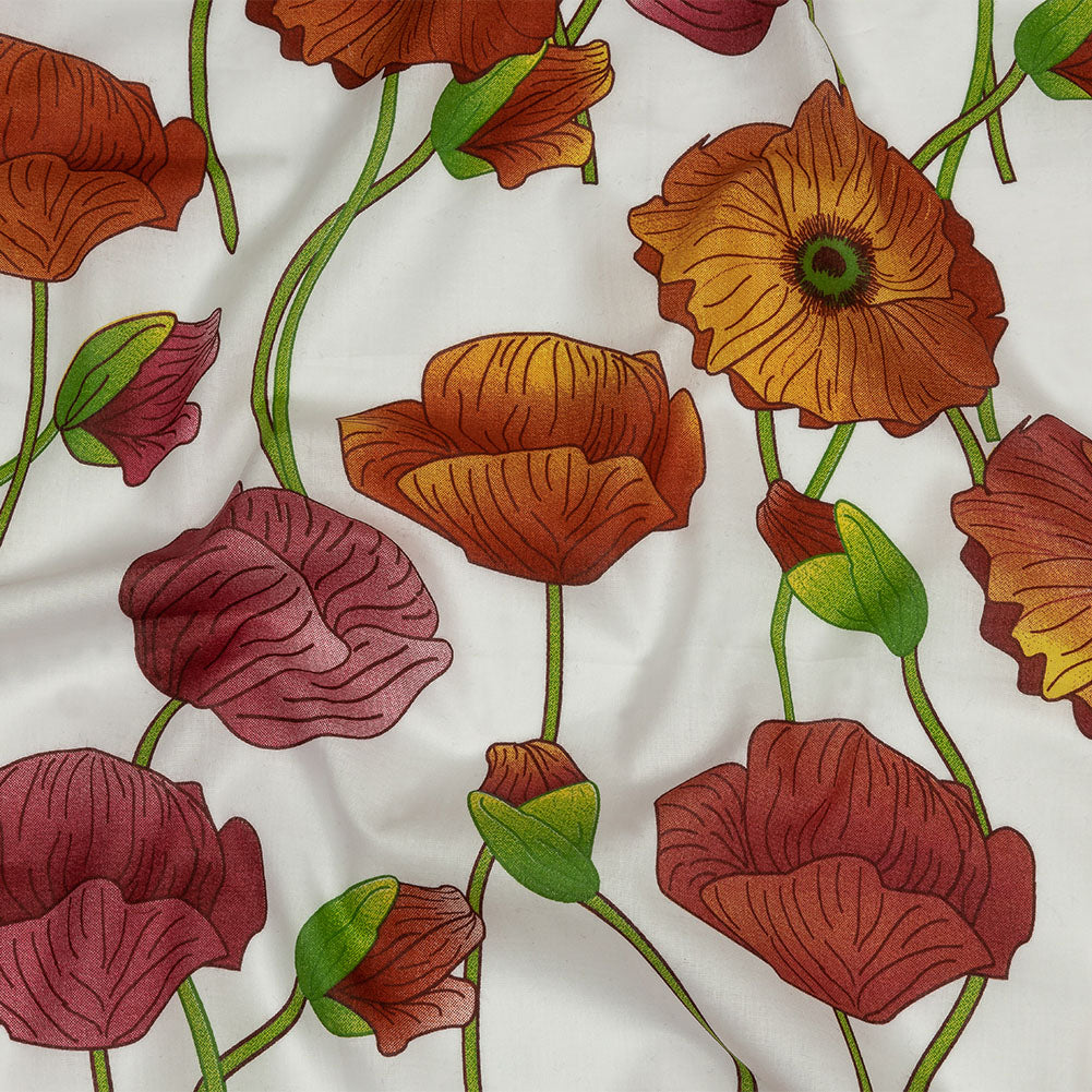 Red, Orange and Green Big Poppies Cotton Lawn